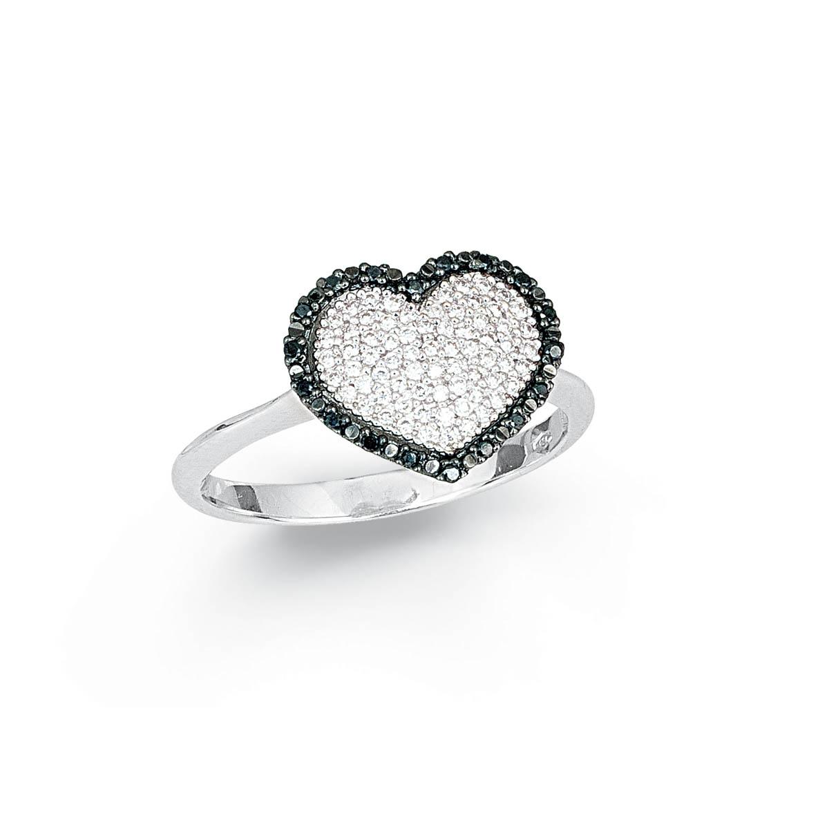Anello Cuore in oro bianco 18kt con pavé diamanti bianchi e neri - AD691/DB-4L