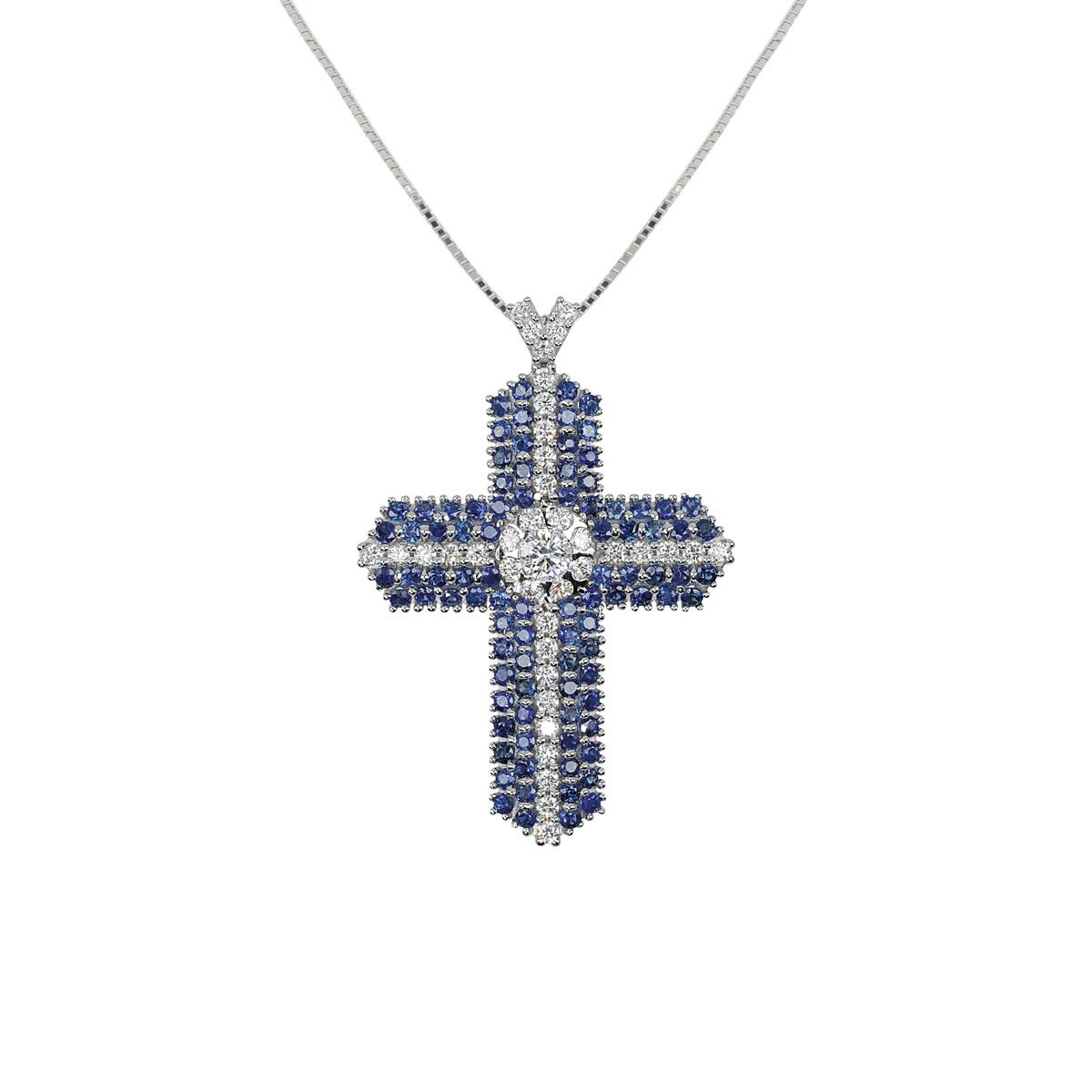Collana croce in oro bianco 18 kt rodiato con diamanti e pietre preziose - CD629