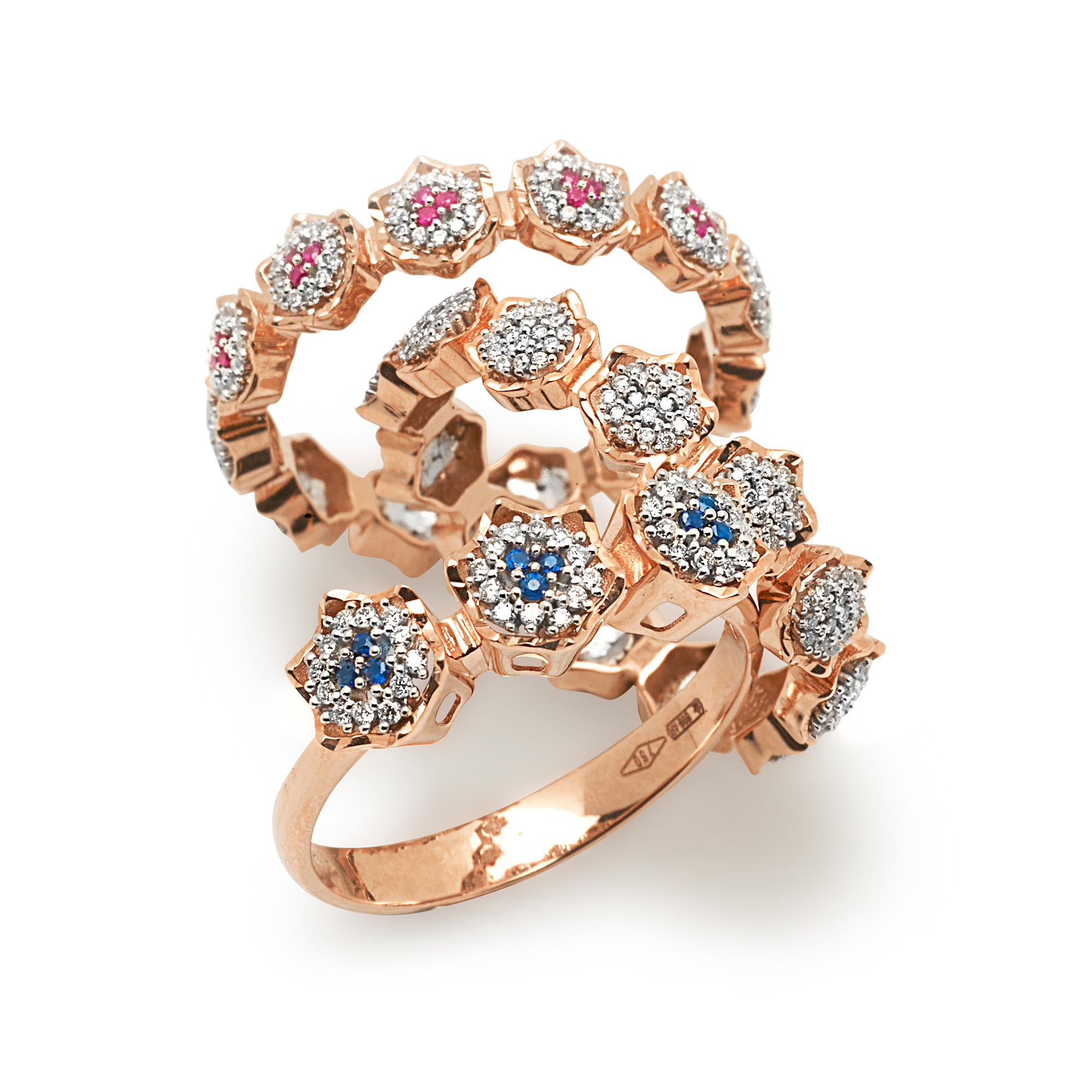 Anelli collezione bouquet artlinea in oro 18 carati diamanti bianchi naturali e pietre preziose. Gioielli da donna.