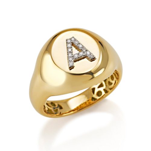Anello chevalier in oro 18 kt, con iniziale personalizzabile in diamanti  - AD511