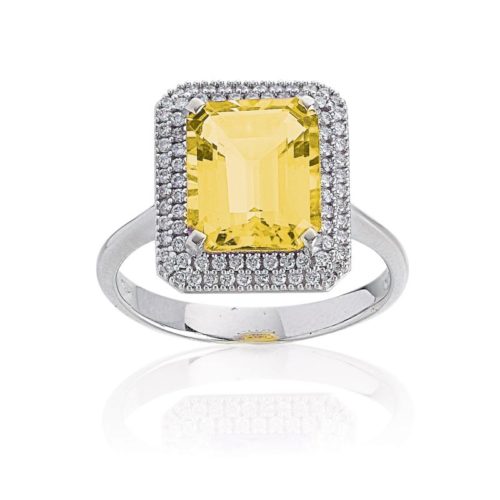 Anello in oro bianco 18kt con diamanti e pietra preziosa centrale - AD668/