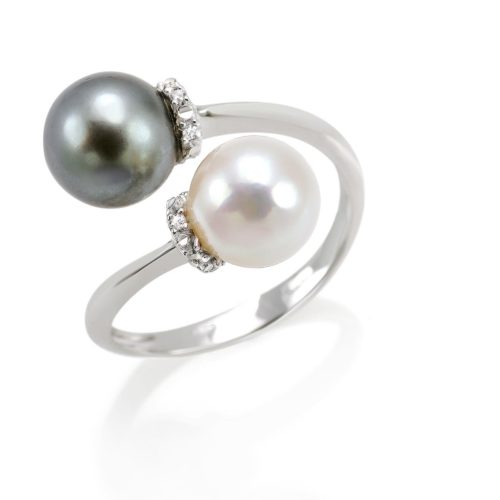 Anello contrariè in oro bianco 18 kt con diamanti e Perle bianca e nera di mare 7.50-8mm - AD695-4B