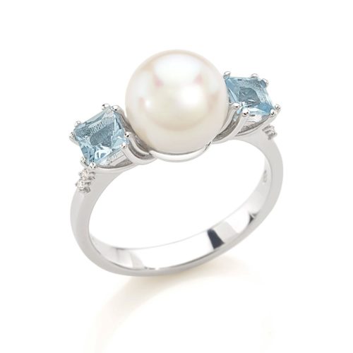 Anello in oro bianco 18 kt con Acquamarina, diamanti e Perla di mare 8.50-9mm - AD785/AC-LB