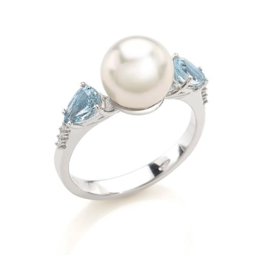 Anello in oro bianco 18 kt con Acquamarina, diamanti e Perla di mare 8.50-9mm - AD786/AC-LB