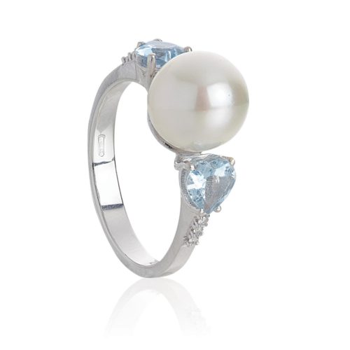 Anello in oro bianco 18 kt con Acquamarina, diamanti e Perla di mare 8.50-9mm - AD787/AC-LB