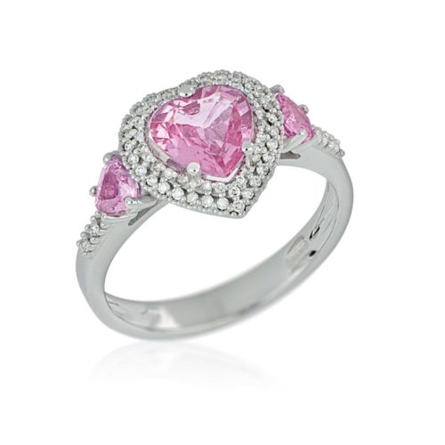 Anello in oro bianco 18kt con diamanti e zaffiri rosa a cuore - AD921/ZR-LB