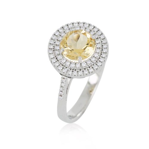 Anello in oro bianco 18kt con diamanti e pietra preziosa centrale - AD986/