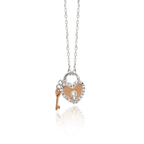 Collana in oro bianco e rosa 18kt lucchetto, con diamanti  - CD383-4H