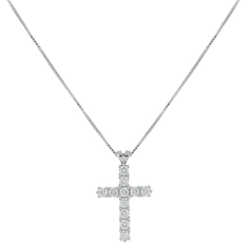 Collana croce alta 2.00cm in oro bianco 18 kt rodiata con diamanti - CD678/DB-LB