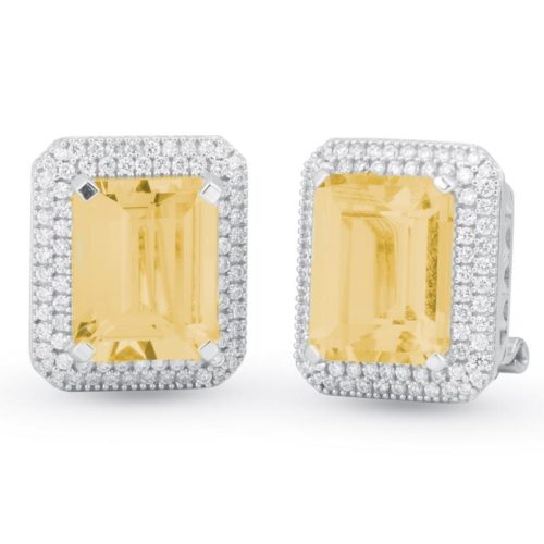 Orecchini in oro bianco 18 kt, con diamanti e pietra preziosa centrale - OD252/
