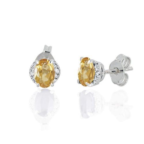 Orecchini in oro bianco 18 kt, con diamanti e pietra preziosa centrale - OD531/