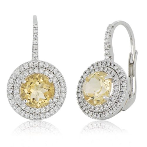 Orecchini in oro bianco 18 kt, con diamanti e pietra preziosa centrale - OD867/