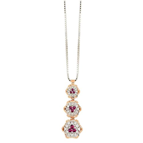Collana con pendente a motivo floreale in oro 18 kt con diamanti bianchi naturali e pietre preziose - CD703