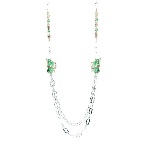 Collana Chanel farfalle double face in argento 925 rodiata e dorata, con smalto eseguito a mano verde, cubic zirconia e Swarovski - ZCL890-MN