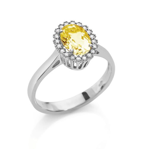 Anello in oro bianco 18kt con diamanti e pietra preziosa centrale - AD709/