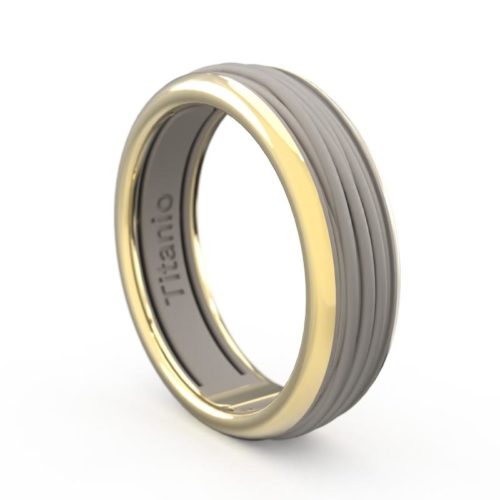 Anello in oro 18 kt e titanio a fascia con texture filo - ATU001/
