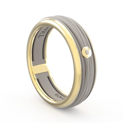 Anello in oro 18 kt e titanio a fascia con texture filo e pietra - ATU001