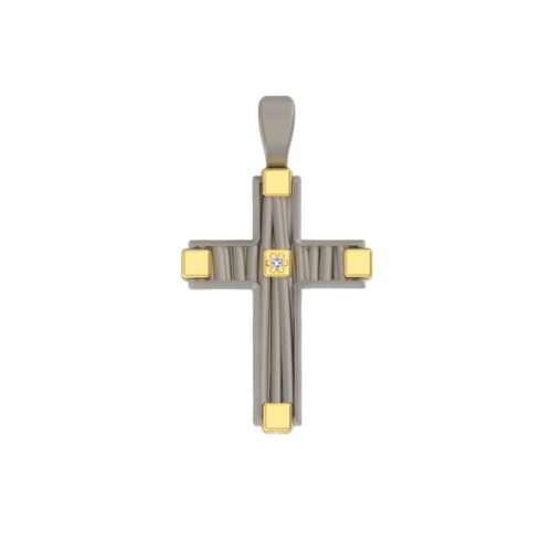 Pendente a croce in oro 18 kt e titanio texture filo con pietra centrale - PTU003