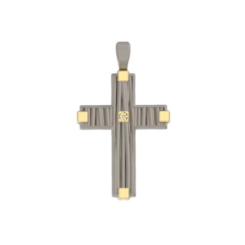Pendente a croce in oro 18 kt e titanio texture filo con pietra centrale - PTU004
