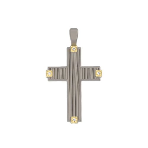 Pendente a croce in oro 18 kt e titanio texture filo con pietre laterali - PTU006