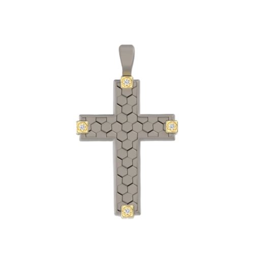 Pendente a croce in oro 18 kt e titanio texture esagonale a nido d'ape con pietre laterali - PTU010