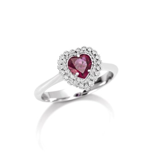 Anello in oro bianco 18kt con diamanti e pietra preziosa centrale taglio cuore - AD612
