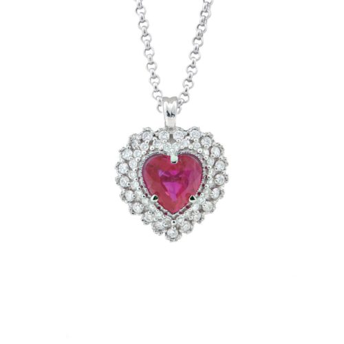 Collana in oro bianco 18kt con diamanti e pietra preziosa centrale a taglio cuore - CD346