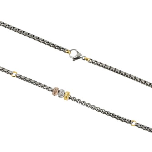 Collana in titanio ed oro 18 kt con elementi centrali tre colori e diamante o spinello nero - CTU053